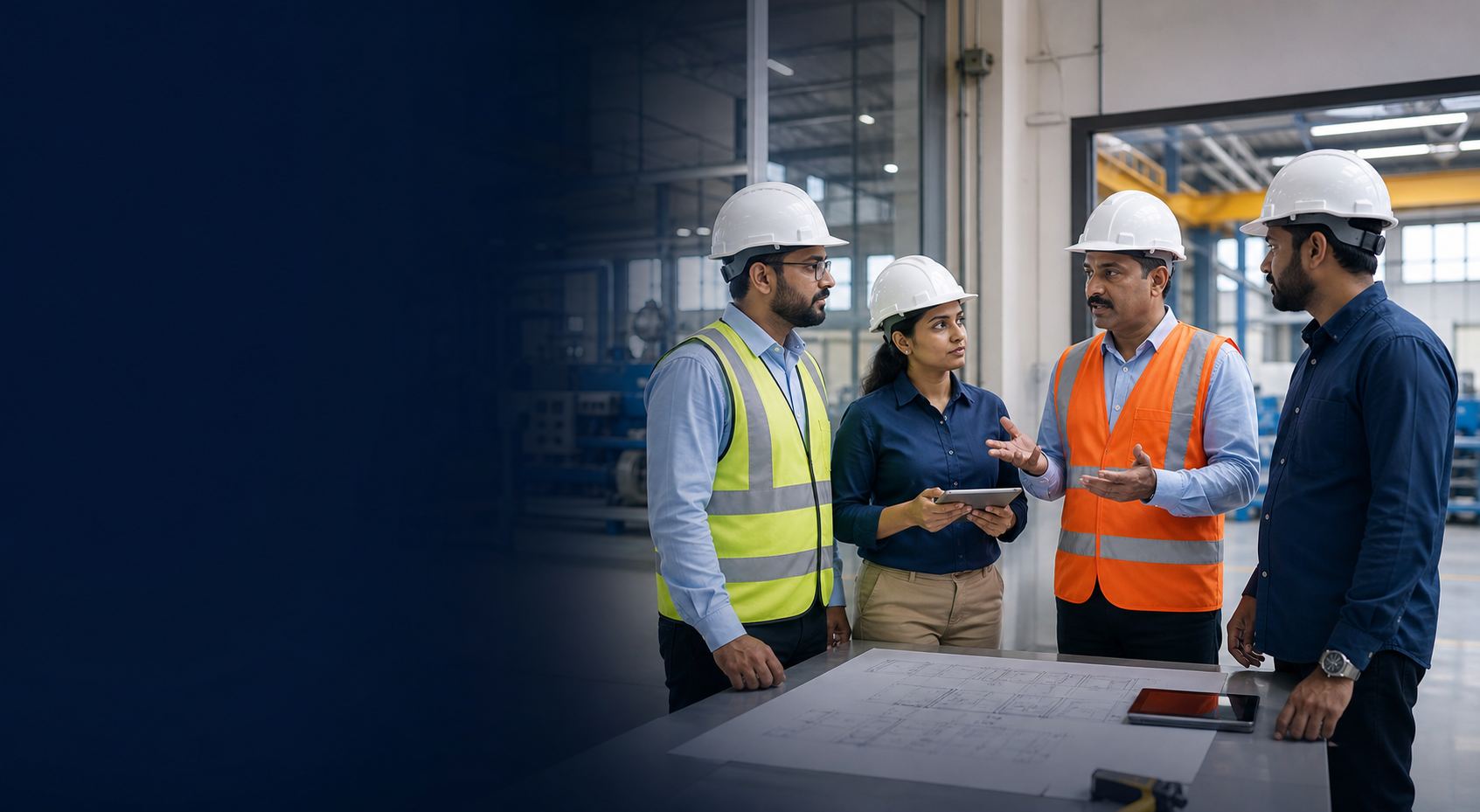 Corporate HSE professionals discussing workplace safety